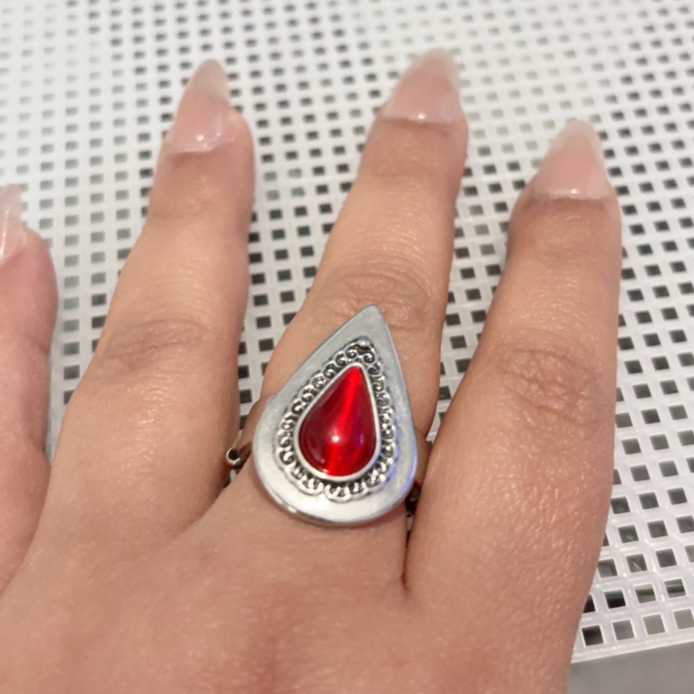 Red Teardrop Silver Ring - Elegant Women's Jewelry
